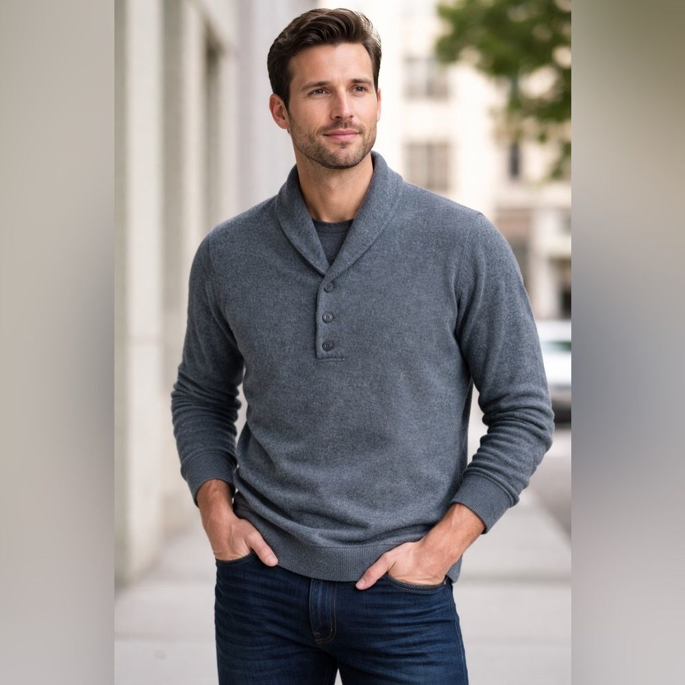 Theory Wool Shawl Collar Knit Sweater Mens L Heather Gray Pullover Never Worn